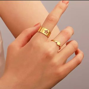 2pc Golden Trendy Star Couple Rings | Stylish Matching Rings for Couples
