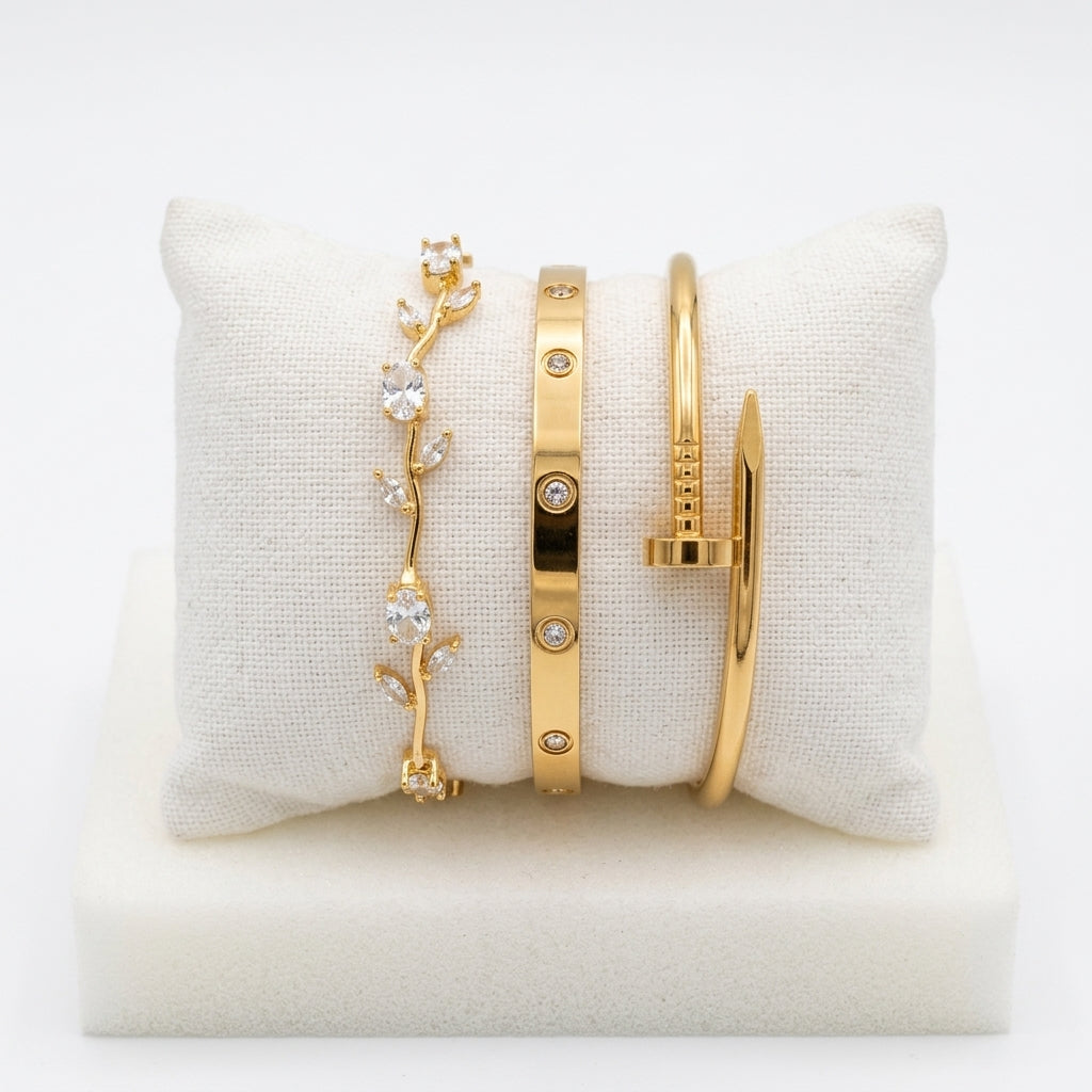 3-piece golden Cartier nail and tulip style bracelet set