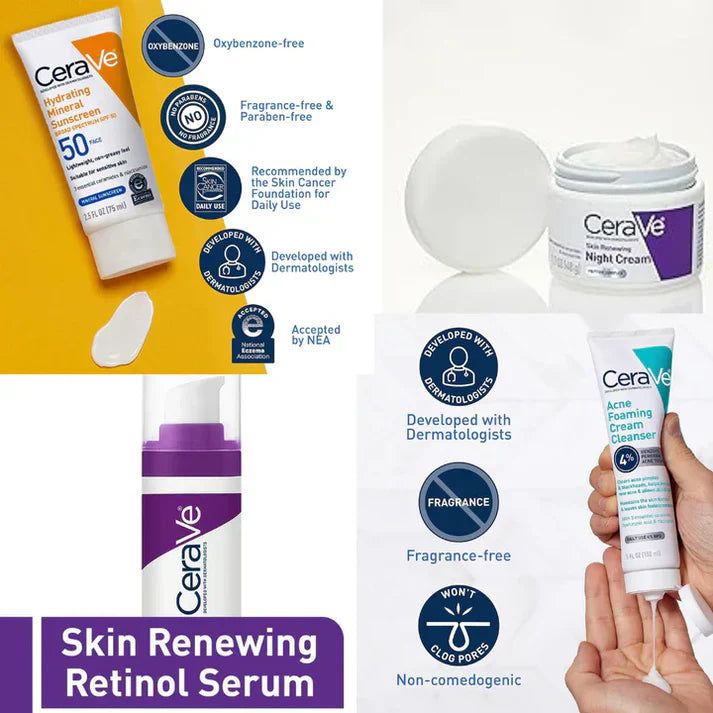 CeraVe 4-in-1 Skincare Kit | Cleanser, Serum, Night Cream & Sunscreen Set