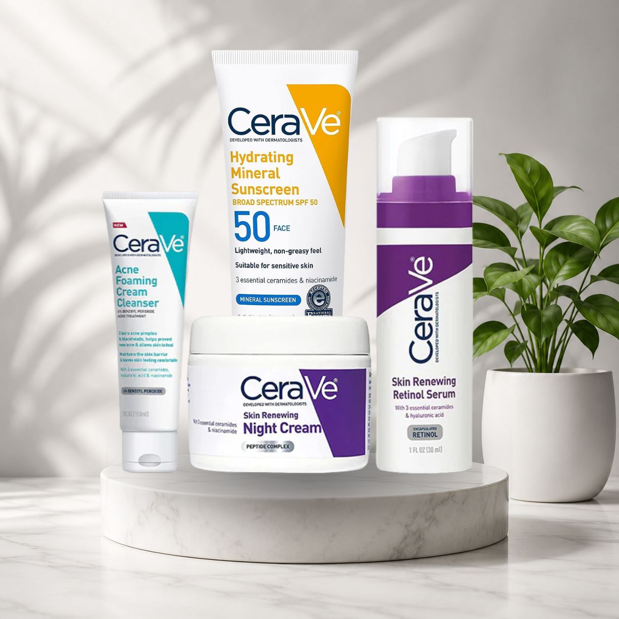CeraVe 4-in-1 Skincare Kit | Cleanser, Serum, Night Cream & Sunscreen Set