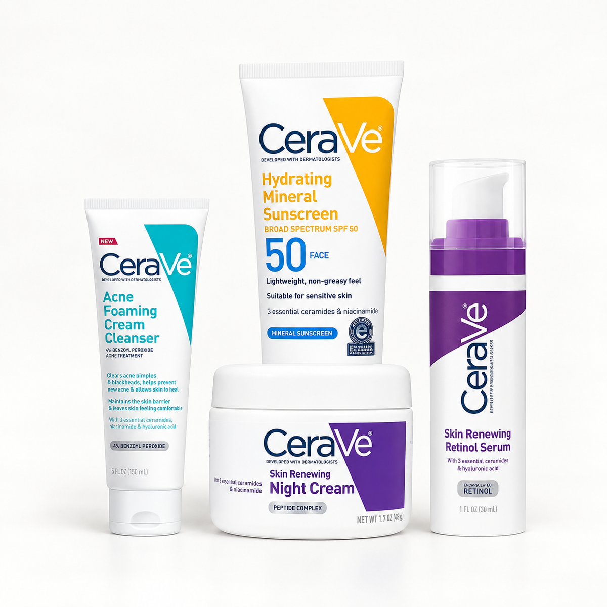 CeraVe 4-in-1 Skincare Kit | Cleanser, Serum, Night Cream & Sunscreen Set
