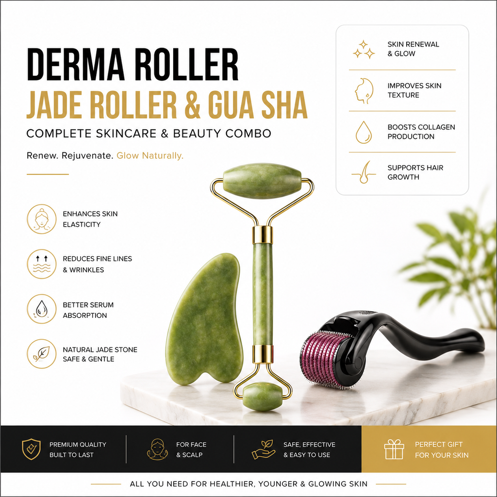 Derma Roller 0.5mm + Jade Roller & Gua Sha Combo – Facial & Scalp Beauty Tools
