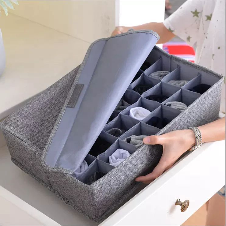 Grey drawer organizer with 24 compartments for clothes