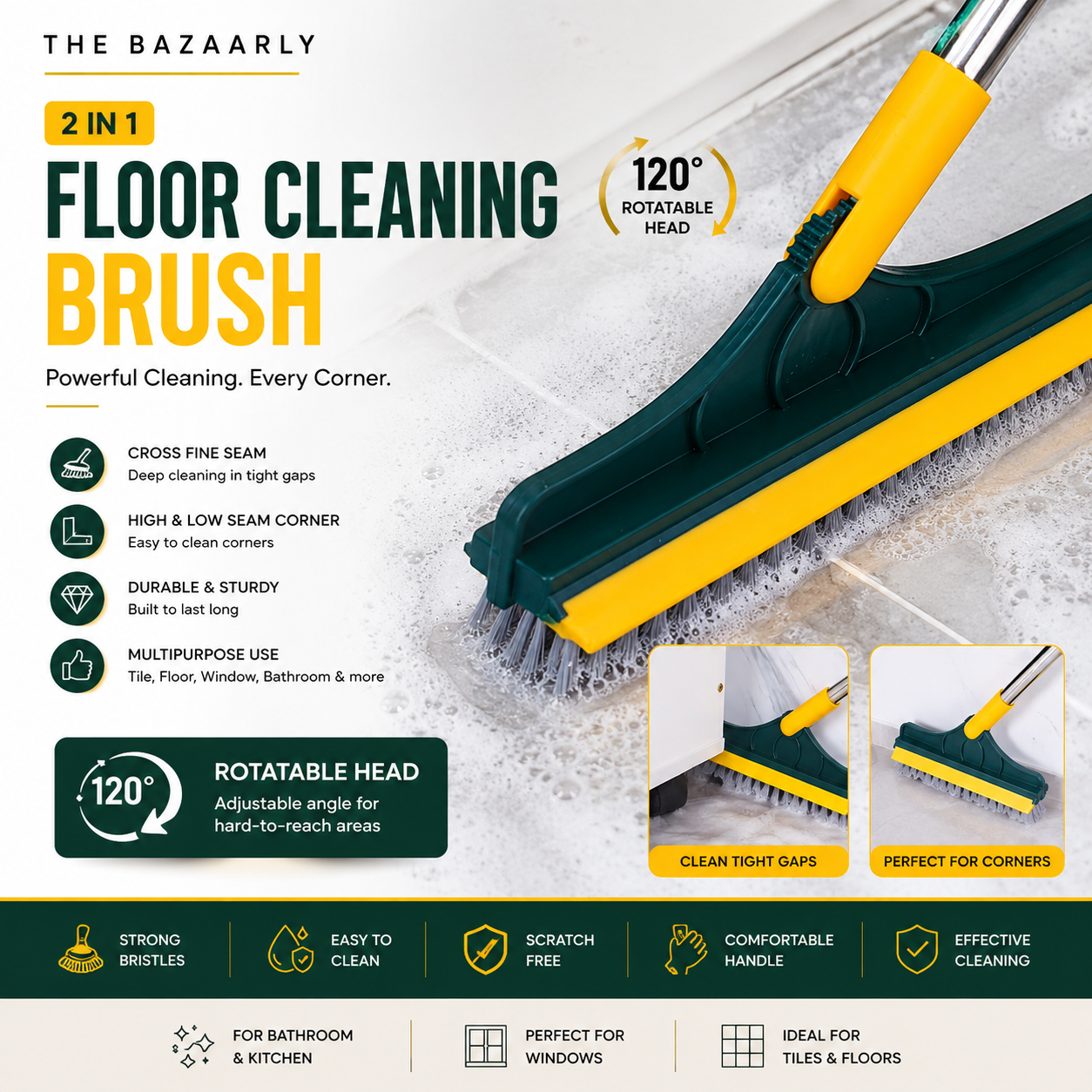 2 in 1 Floor Cleaning Brush with Squeegee and 120 Degree Rotating Head