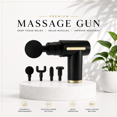 5 in 1 Electric Massage Gun with 4 Interchangeable Massage Heads and 6 Speed Settings