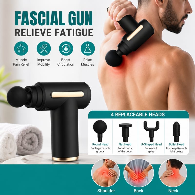 5 in 1 Electric Massage Gun with 4 Interchangeable Massage Heads and 6 Speed Settings