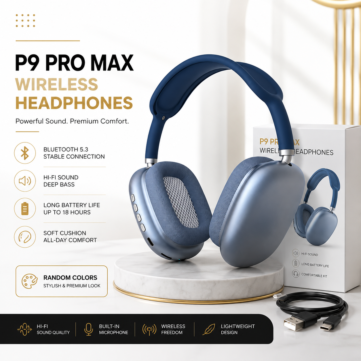 P9 Pro Max Wireless Bluetooth Headphones with Box and Cable - Random Color