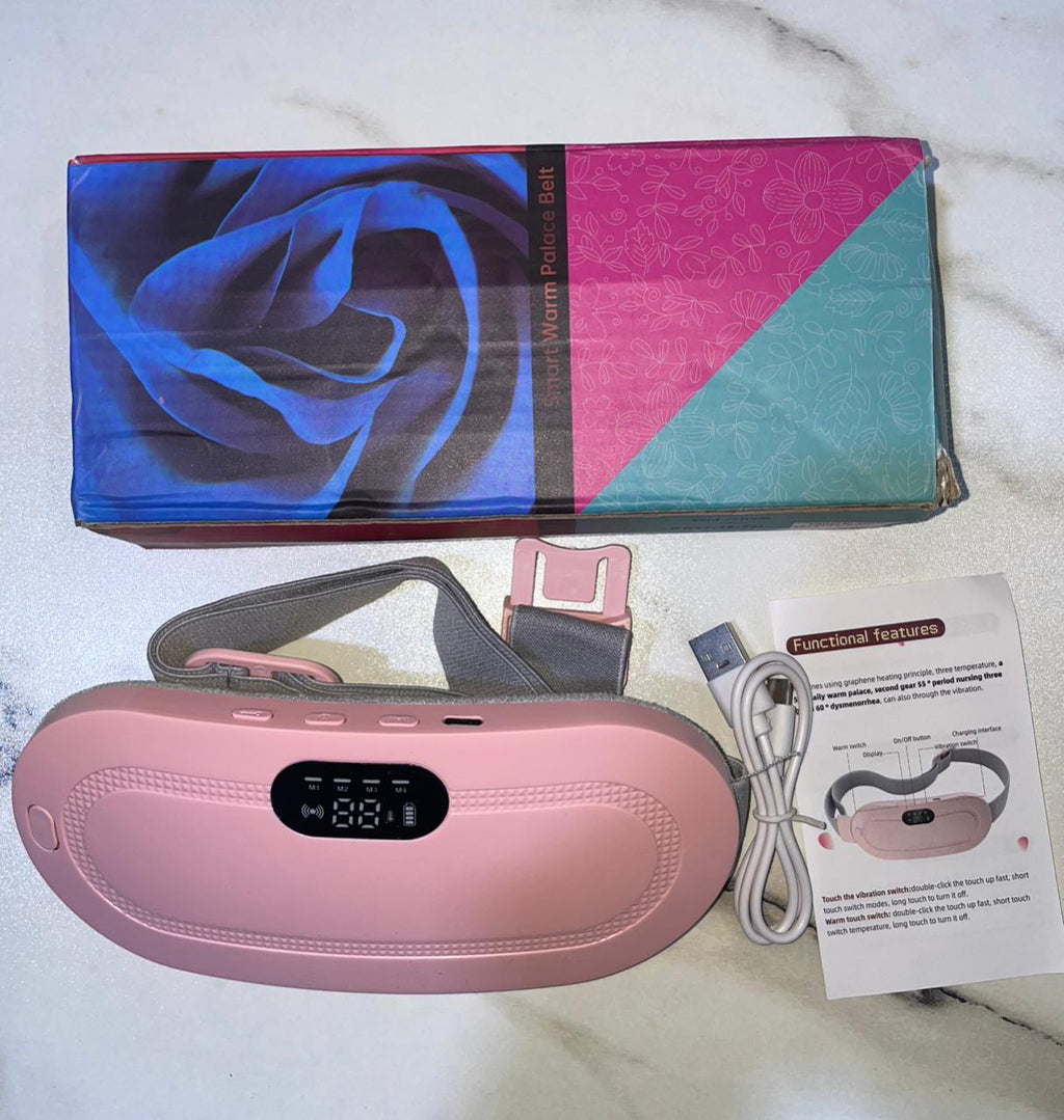 Rechargeable menstrual heating cramp relief belt with 3 heat levels and 4 massage modes