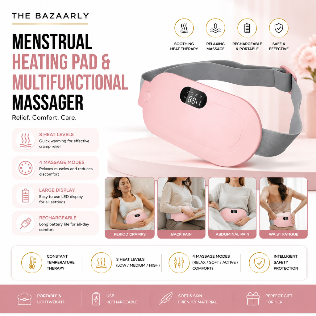 Rechargeable menstrual heating cramp relief belt with 3 heat levels and 4 massage modes