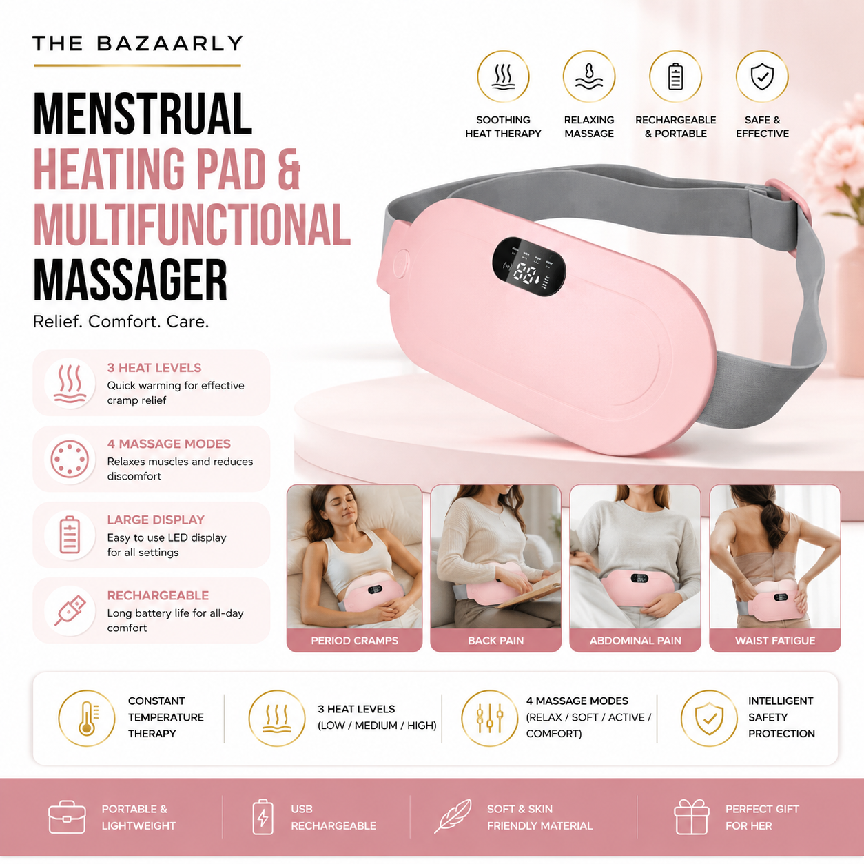 Rechargeable menstrual heating cramp relief belt with 3 heat levels and 4 massage modes