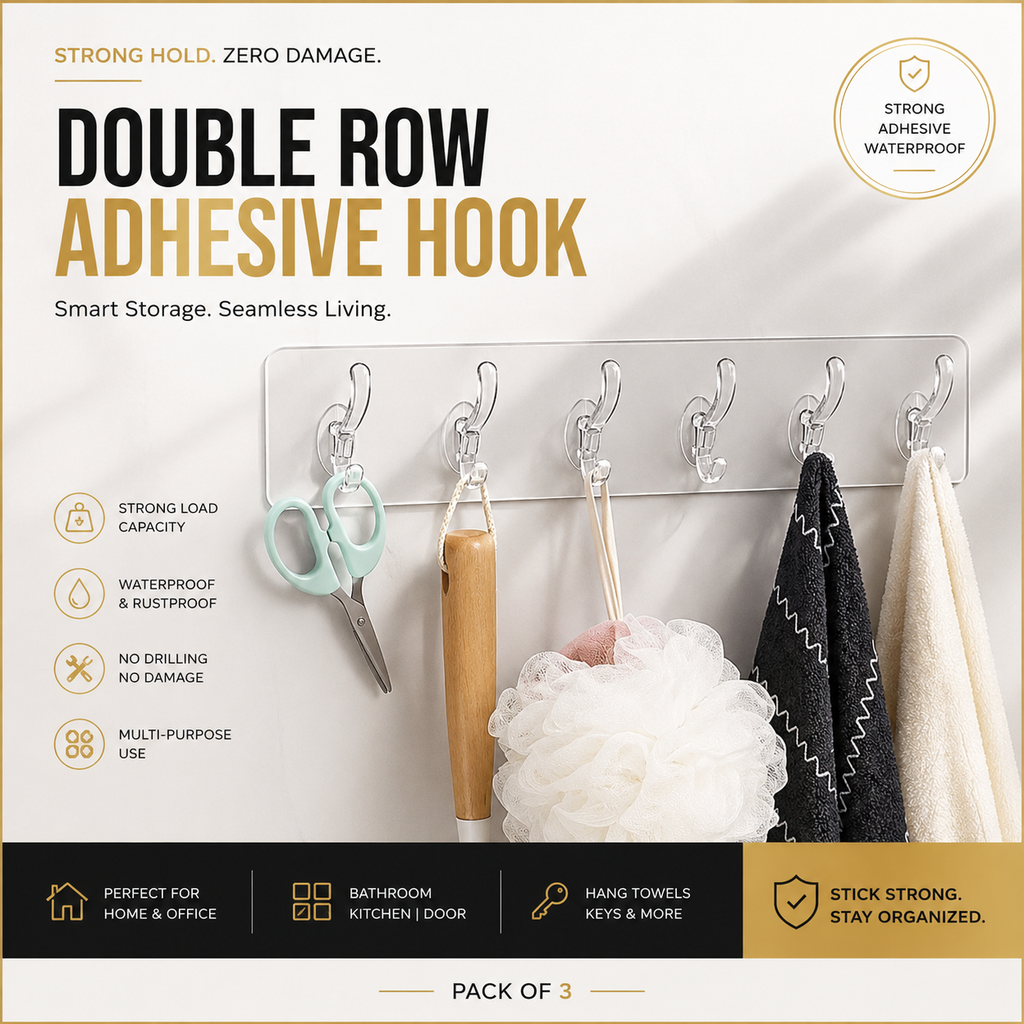 Buy 1 Get 1 Free Transparent Double Row Self Adhesive Wall Hooks Pack of 3