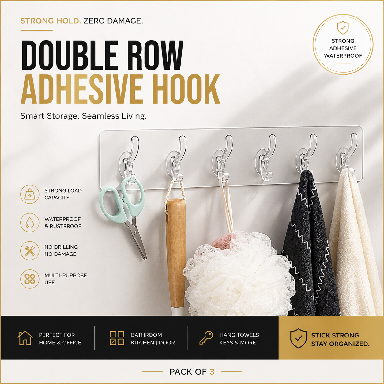 Buy 1 Get 1 Free Transparent Double Row Self Adhesive Wall Hooks Pack of 3
