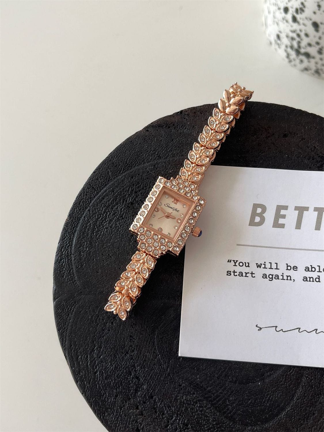Elegant Korean Leaf Watch for Women | Crystal-Style Bracelet Watch – Black, Gold, Rose Gold & Silver