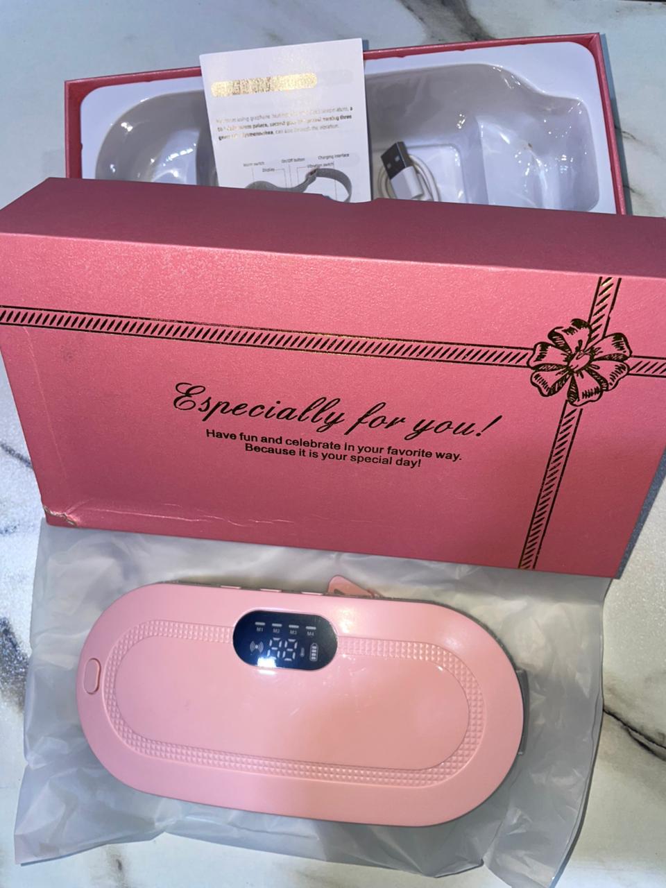 Rechargeable menstrual heating cramp relief belt with 3 heat levels and 4 massage modes