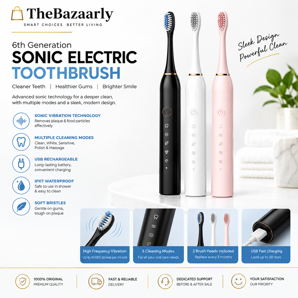 Rechargeable electric toothbrush with 2 extra brush heads