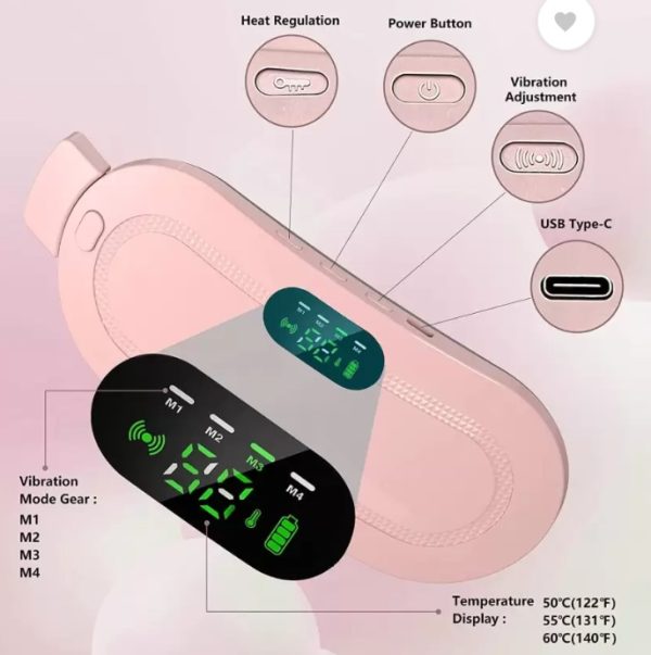 Rechargeable menstrual heating cramp relief belt with 3 heat levels and 4 massage modes